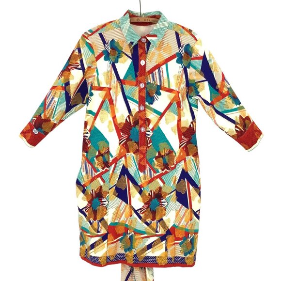 Dresses & Skirts - Short Shirt Dress Bold Tropical Print 3/4 Sleeves Button Front Tie Back XL Tiki